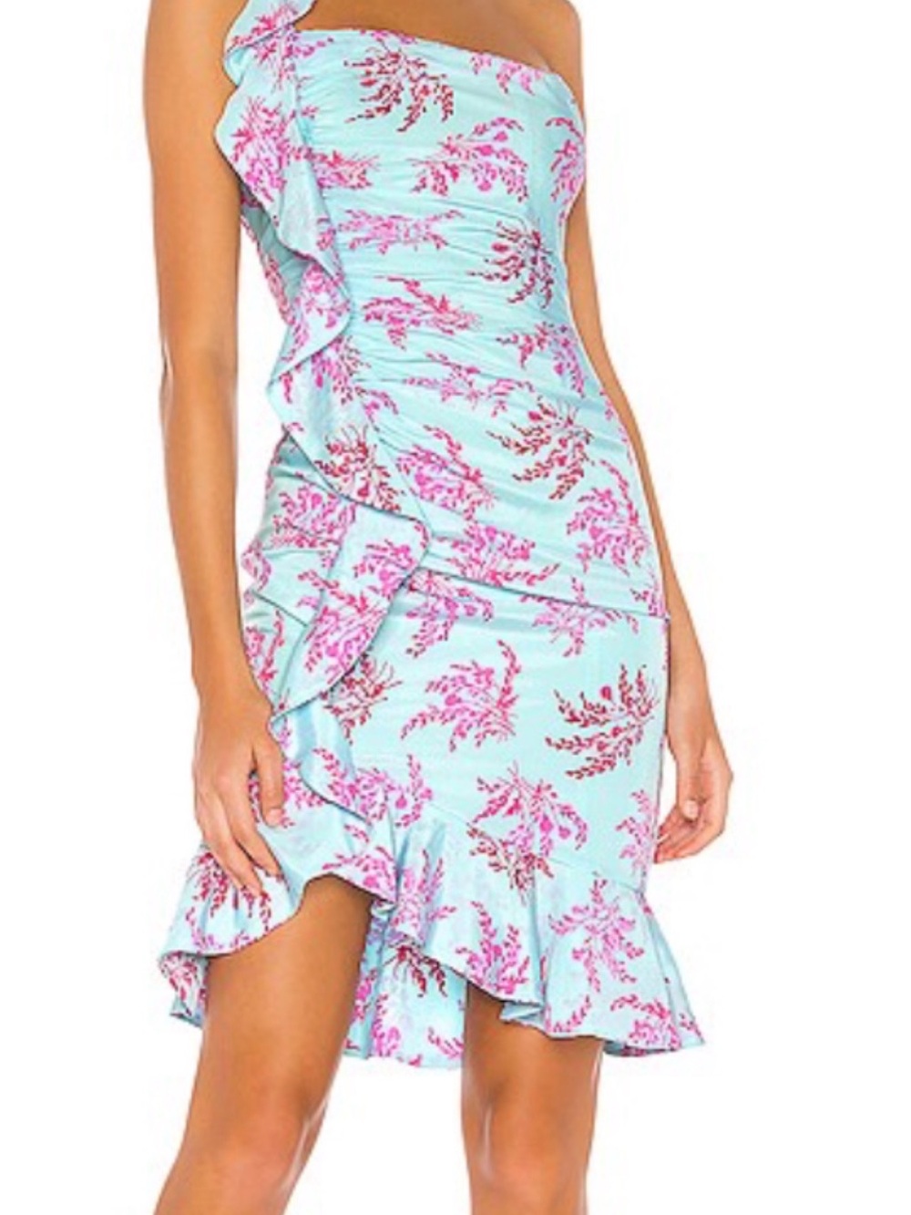 Likely Lois One-Shoulder Ruffle Floral Dress in Light Blue and Pink - size 6
